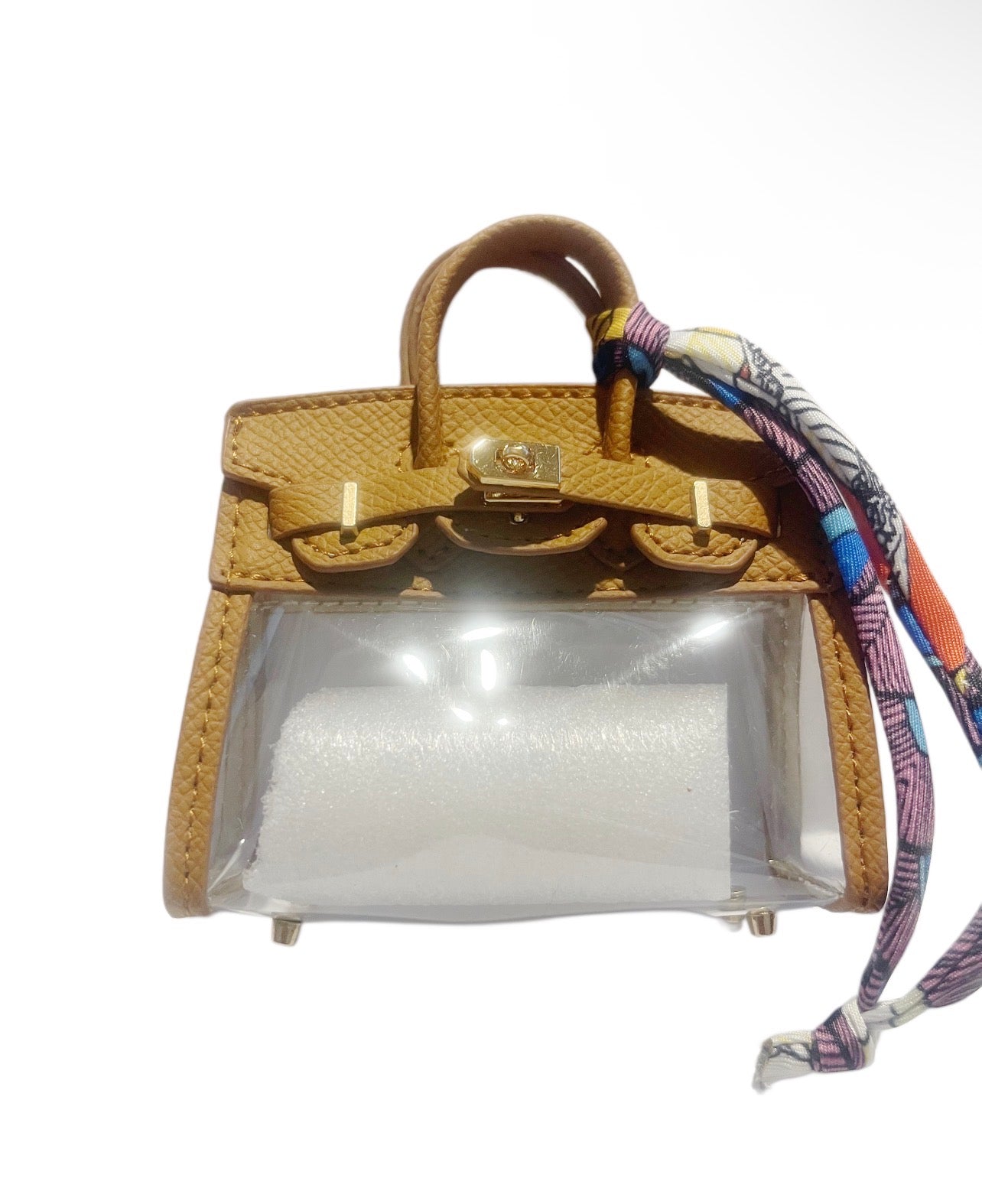 Tan Clear Handbag Keychain with Scarf