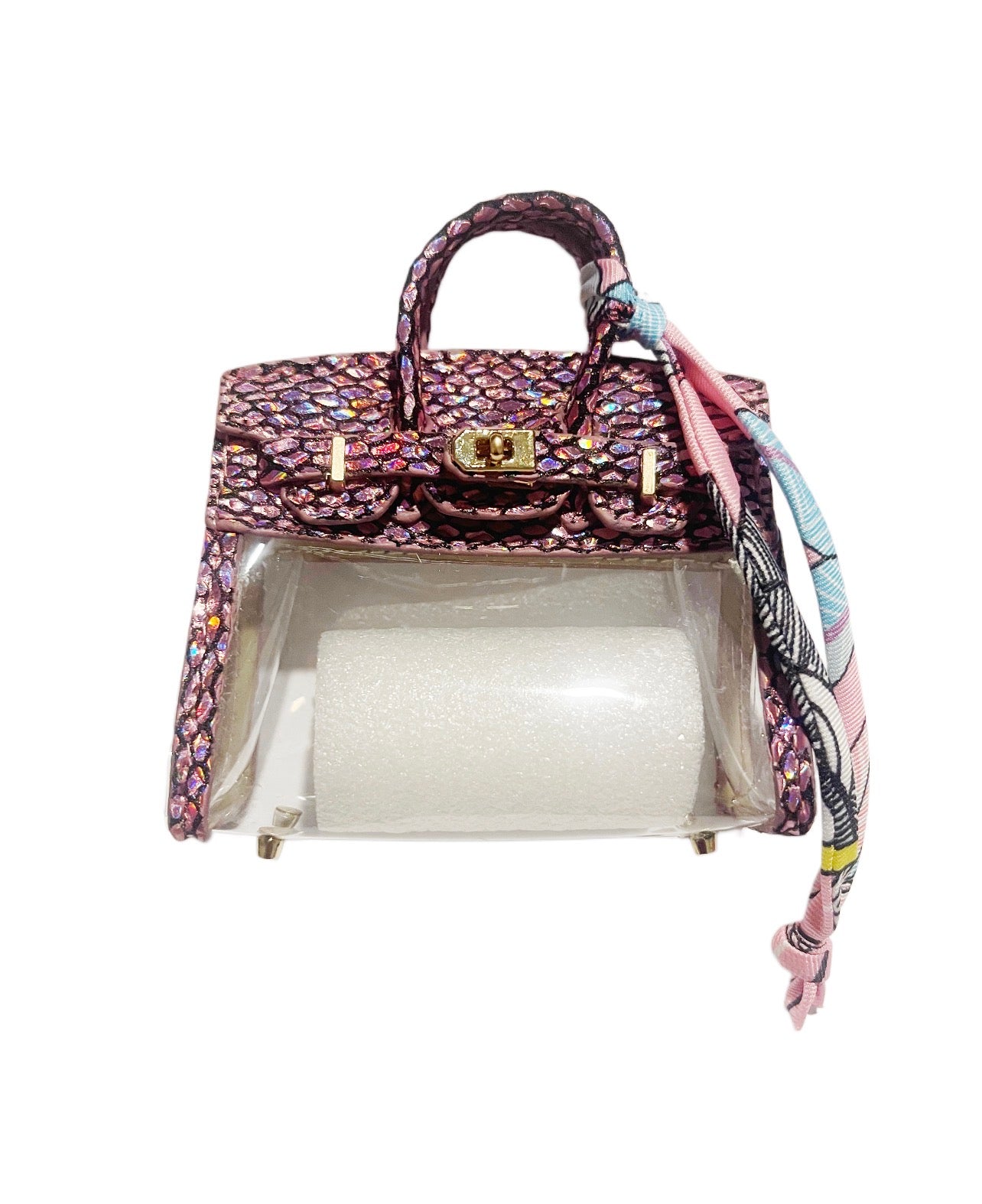 Pink Snakeskin clear Handbag Keychain with Scarf