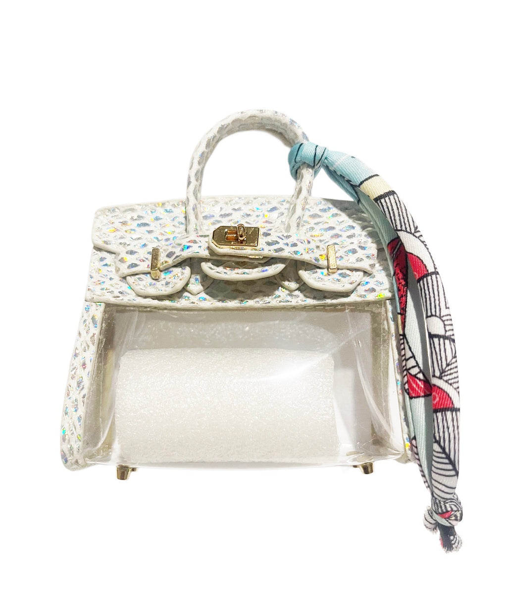 White Snakeskin Large Handbag Keychain with Scarf