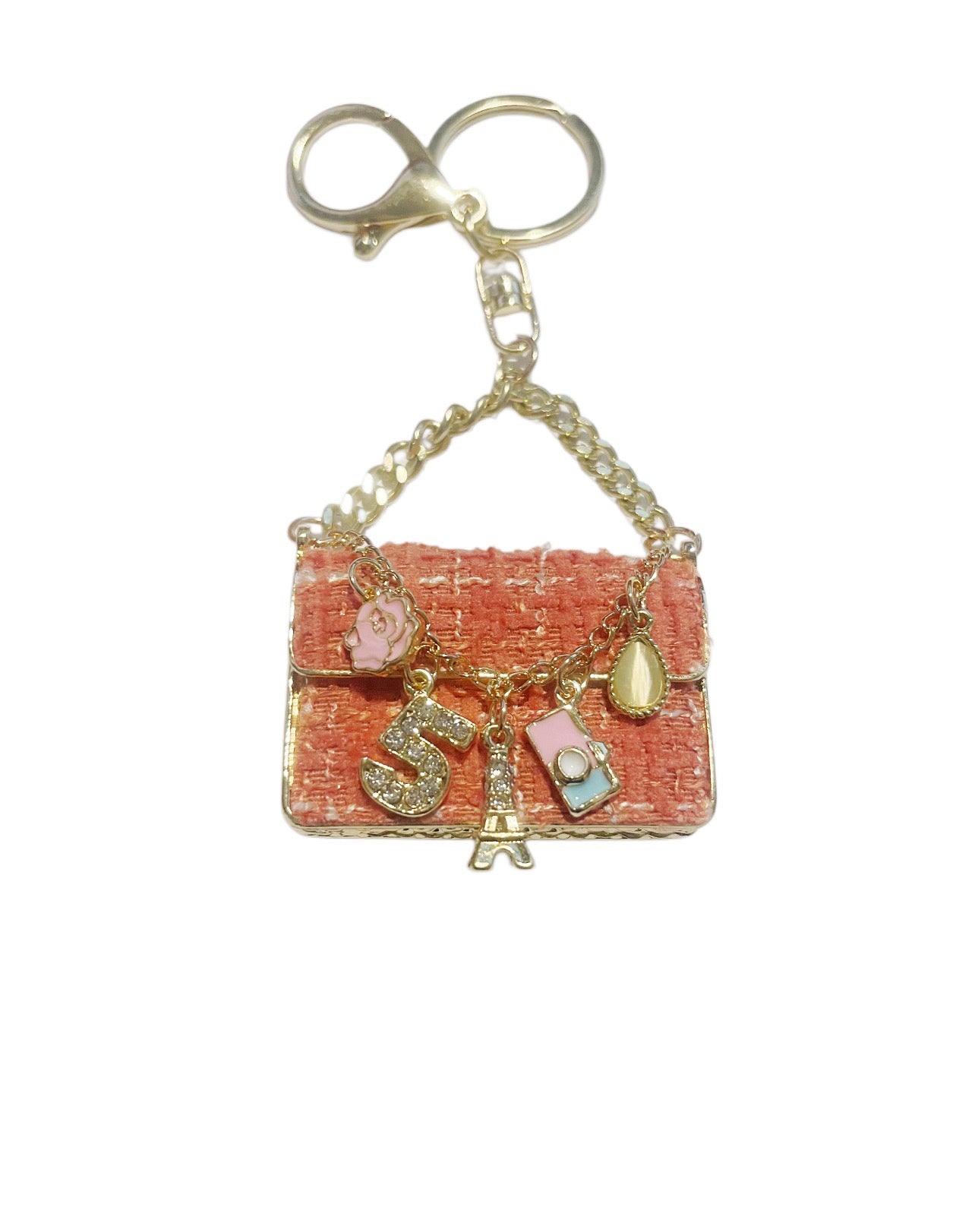 Coral Colored Handbag Charm with accessories
