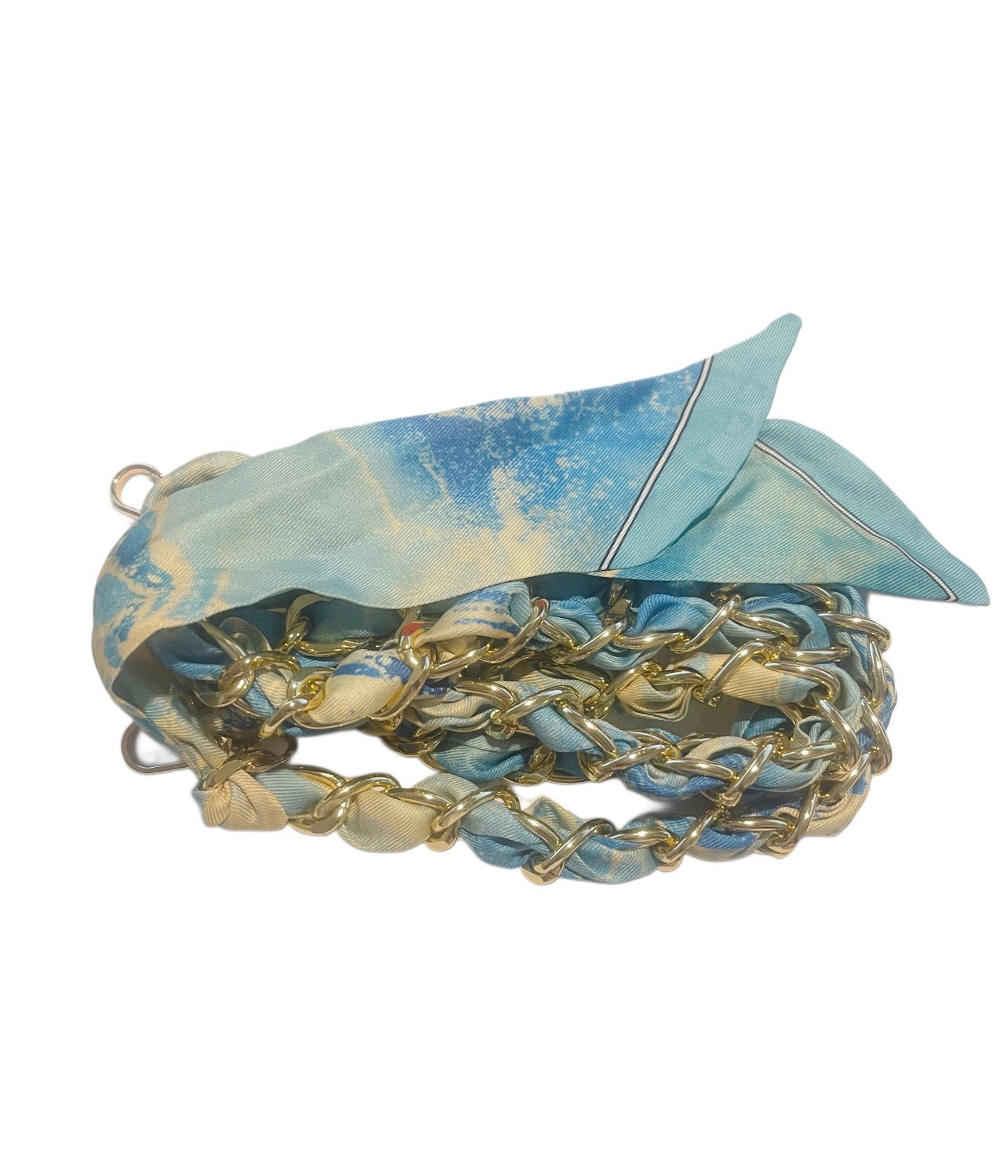 Light Blue and Beige Handbag Scarf with Gold Chain