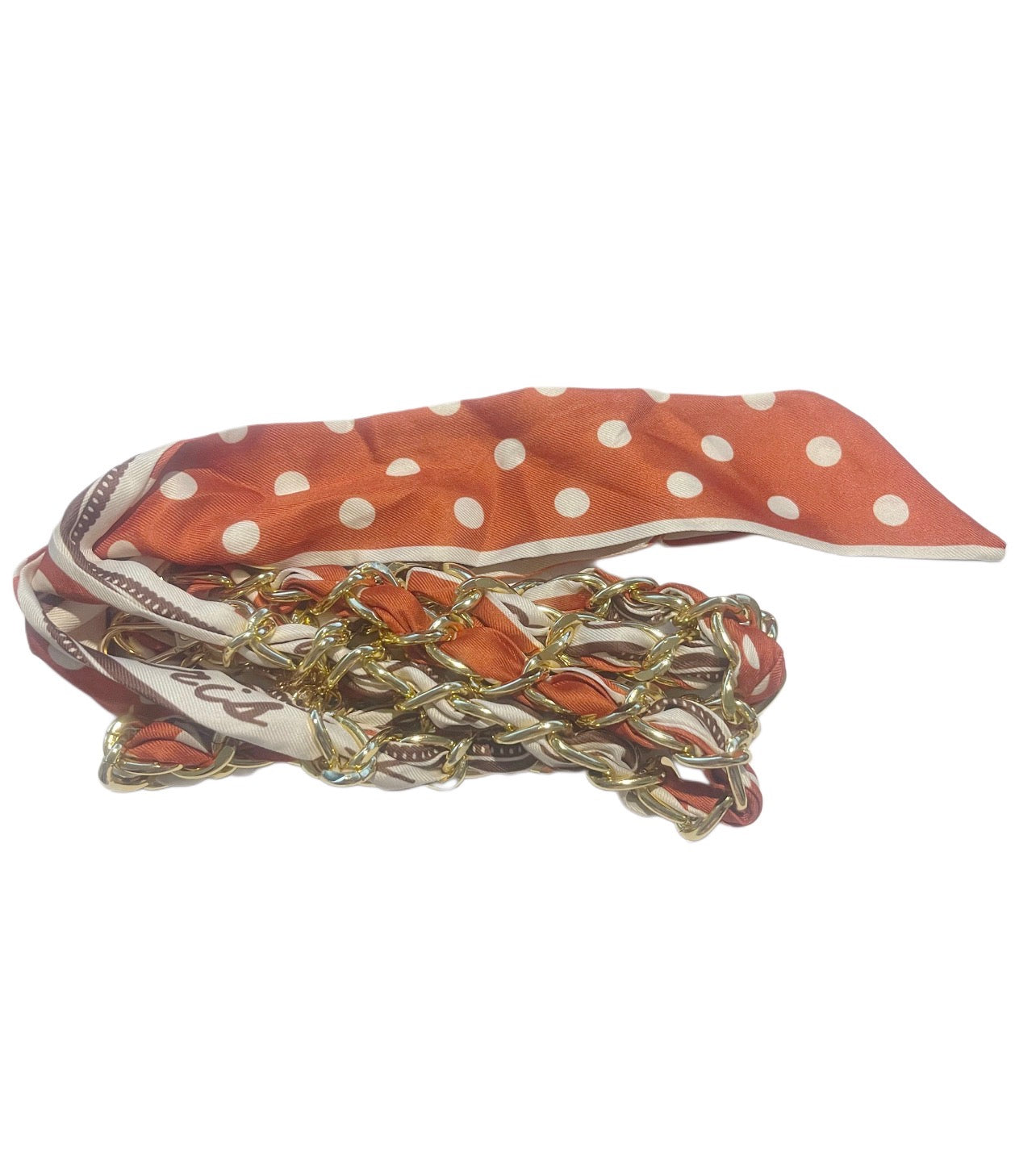 Coral and Beige Handbag Scarf with Gold Chain